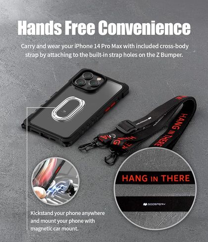 حامل حلقي قوي بمسند 360 درجة من GOOSPERY Z متوافق مع جراب iPhone 14 Pro Max [يتضمن الحزام] هيكل مزدوج الطبقات من مادة TPU وغطاء شفاف كريستالي مع حزام كتف، أسود in Kuwait
