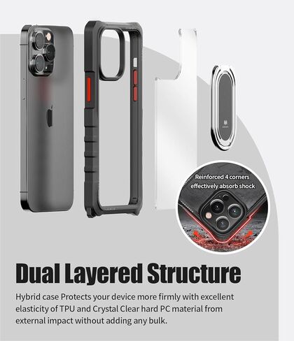 حامل حلقي قوي بمسند 360 درجة من GOOSPERY Z متوافق مع جراب iPhone 14 Pro Max [يتضمن الحزام] هيكل مزدوج الطبقات من مادة TPU وغطاء شفاف كريستالي مع حزام كتف، أسود in Kuwait