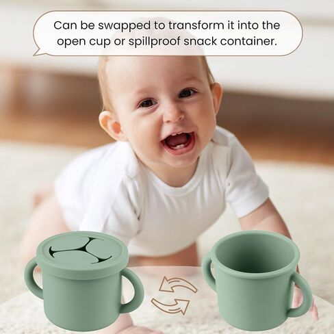 Snack Containers for Toddlers, Kids - 2 Pack Food Grade Silicone Snack Cups with Grip Handle (Natural/Sage) in Saudi Arabia