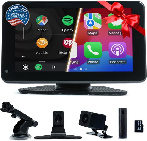 2024 ستيريو سيارة Apple CarPlay Android Auto لاسلكي محمول مع شاشة لمس 7 بوصات وكاميرا احتياطية 1080 بكسل ملحق سيارة لجميع المركبات مع وصلة مرآة، Siri، بلوتوث، ملاحة GPS، AUX، FM in Saudi Arabia