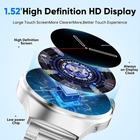 ساعة ذكية W50 (الرد/المكالمات)، ساعة ذكية AMOLED للرجال مستديرة عالية الدقة مقاس 1.52 بوصة، ساعات لياقة بدنية، IP67 مقاومة للماء لمراقبة معدل ضربات القلب، ساعة ذكية متوافقة مع Android/iPhone in Kuwait