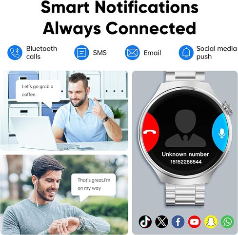 ساعة ذكية W50 (الرد/المكالمات)، ساعة ذكية AMOLED للرجال مستديرة عالية الدقة مقاس 1.52 بوصة، ساعات لياقة بدنية، IP67 مقاومة للماء لمراقبة معدل ضربات القلب، ساعة ذكية متوافقة مع Android/iPhone in Kuwait