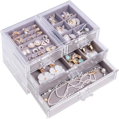 AXsinr Earring Grey Jewelry Box with 5 Drawers, Gray Stackable Large Jewelry Storage Case, Clear Acrylic Jewelry Organizer with Velvet Trays for Women in Kuwait