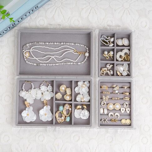 AXsinr Earring Grey Jewelry Box with 5 Drawers, Gray Stackable Large Jewelry Storage Case, Clear Acrylic Jewelry Organizer with Velvet Trays for Women in Kuwait