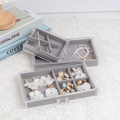 AXsinr Earring Grey Jewelry Box with 5 Drawers, Gray Stackable Large Jewelry Storage Case, Clear Acrylic Jewelry Organizer with Velvet Trays for Women in Kuwait