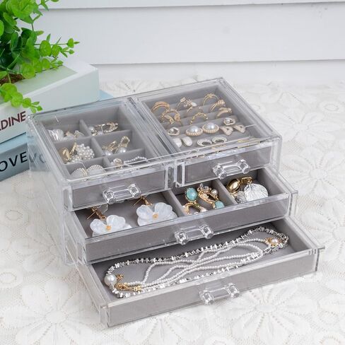 AXsinr Earring Grey Jewelry Box with 5 Drawers, Gray Stackable Large Jewelry Storage Case, Clear Acrylic Jewelry Organizer with Velvet Trays for Women in Kuwait