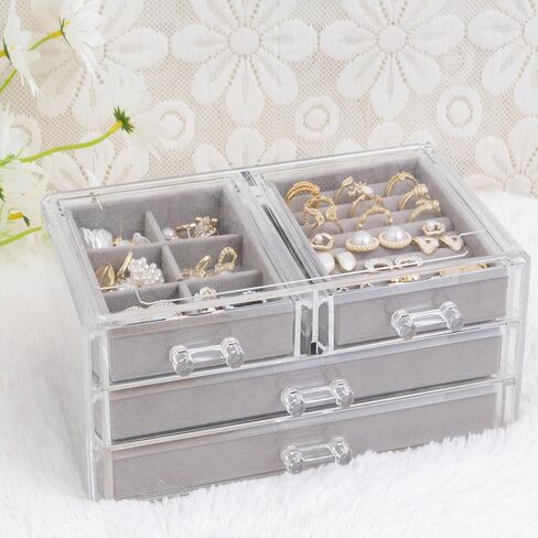 AXsinr Earring Grey Jewelry Box with 5 Drawers, Gray Stackable Large Jewelry Storage Case, Clear Acrylic Jewelry Organizer with Velvet Trays for Women in Kuwait