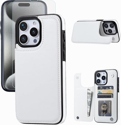 Wallet Case Compatible with iPhone 15 Pro Max(6.7"),Slim Protective case with Card Holder with 1 Screen Protective Glass,Premium PU Leather Kickstand Card Slots Case-White in Saudi Arabia