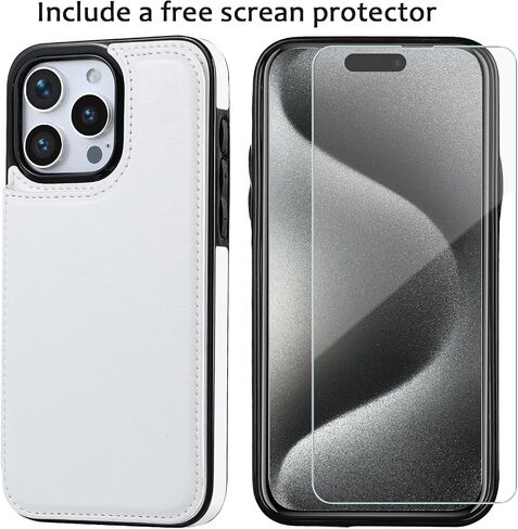 Wallet Case Compatible with iPhone 15 Pro Max(6.7"),Slim Protective case with Card Holder with 1 Screen Protective Glass,Premium PU Leather Kickstand Card Slots Case-White in Saudi Arabia