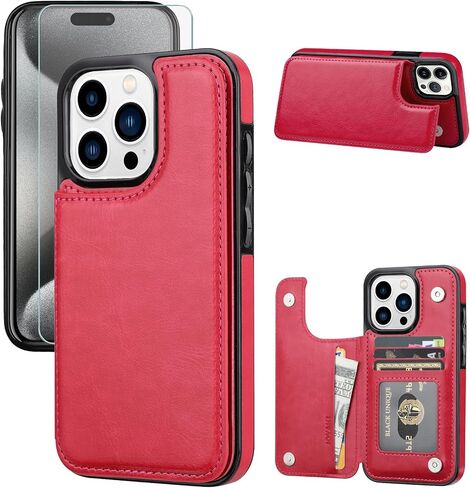 Wallet Case Compatible with iPhone 15 Pro Max(6.7"),Slim Protective case with Card Holder with 1 Screen Protective Glass,Premium PU Leather Kickstand Card Slots Case-White in Saudi Arabia