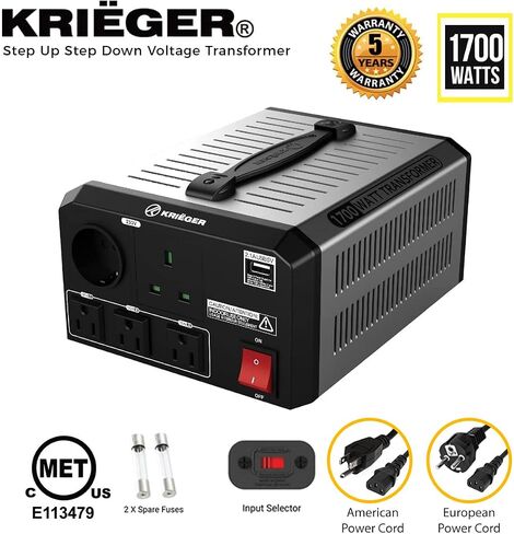 Krieger 850 Watt Voltage Transformer, 110/120V to 220/240V Step Up Step Down Voltage Converter with AC Outlets, MET Approved Under UL, CSA in Saudi Arabia