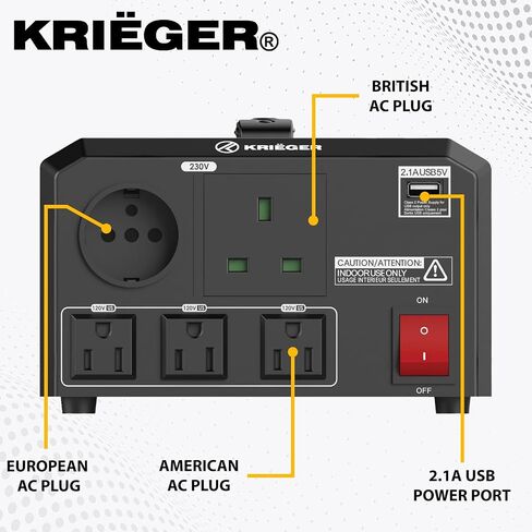 Krieger 850 Watt Voltage Transformer, 110/120V to 220/240V Step Up Step Down Voltage Converter with AC Outlets, MET Approved Under UL, CSA in Saudi Arabia