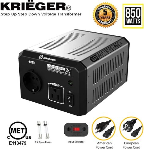 Krieger 850 Watt Voltage Transformer, 110/120V to 220/240V Step Up Step Down Voltage Converter with AC Outlets, MET Approved Under UL, CSA in Saudi Arabia