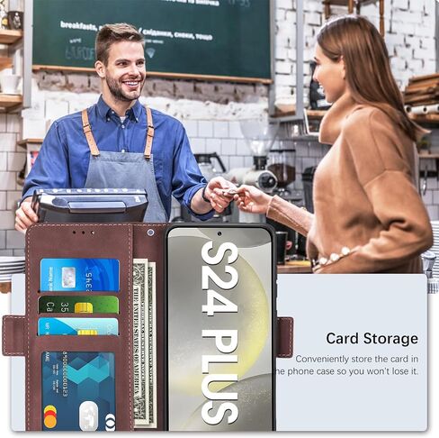Leather RFID Case for Samsung Galaxy S24 Plus 5G Case 6.7-inch, Case with 3+2 Card Slot and Cash Pocket, Built-in Kickstand, Rugged Protective Case Designed for Galaxy S24+ Plus 5G (Brown) in Saudi Arabia