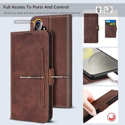 Leather RFID Case for Samsung Galaxy S24 Plus 5G Case 6.7-inch, Case with 3+2 Card Slot and Cash Pocket, Built-in Kickstand, Rugged Protective Case Designed for Galaxy S24+ Plus 5G (Brown) in Saudi Arabia