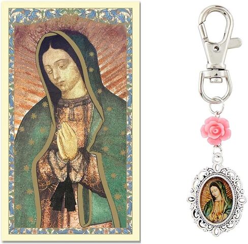 مشبك سلسلة المفاتيح سيدة غوادالوبي مع سحر الخرزة الكريستالية الملاك الأزرق الفاتح ودلاية عذراء غوادالوبي. تتضمن بطاقة صلاة سيدة غوادالوبي in Kuwait