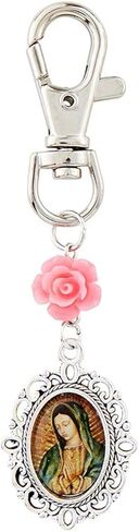 مشبك سلسلة المفاتيح سيدة غوادالوبي مع سحر الخرزة الكريستالية الملاك الأزرق الفاتح ودلاية عذراء غوادالوبي. تتضمن بطاقة صلاة سيدة غوادالوبي in Kuwait