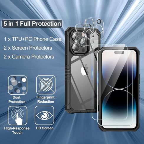 حافظة 5 في 1 لهاتف iPhone 14 Pro شفافة مع واقي شاشة، 2X شاشة من الزجاج المقوى + 2X واقي كاميرا، مقاومة للصدمات [حماية من الدرجة العسكرية] حافظة هاتف TPU ناعمة ونحيفة لهاتف iPhone 14 Pro in Saudi Arabia