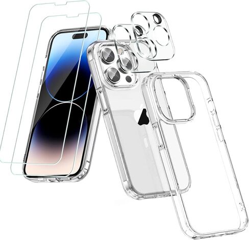 5-in-1 for iPhone 14 Pro Case Clear with Screen Protector, 2X Tempered Glass Screen + 2X Camera Protector, Shockproof [Military Grade Protection] Slim Soft TPU Phone Case for iPhone 14 Pro in Saudi Arabia