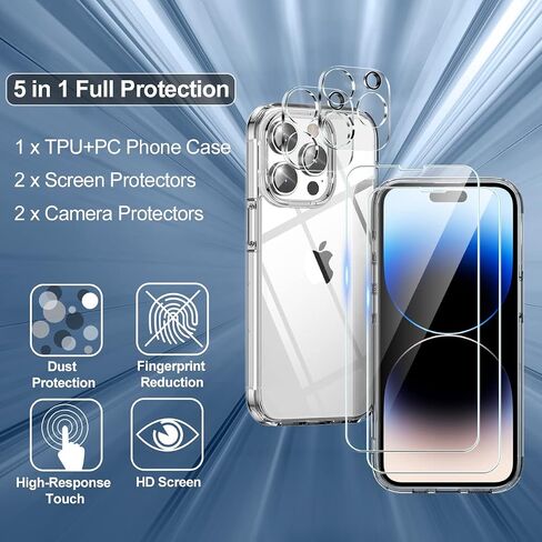 5-in-1 for iPhone 14 Pro Case Clear with Screen Protector, 2X Tempered Glass Screen + 2X Camera Protector, Shockproof [Military Grade Protection] Slim Soft TPU Phone Case for iPhone 14 Pro in Saudi Arabia
