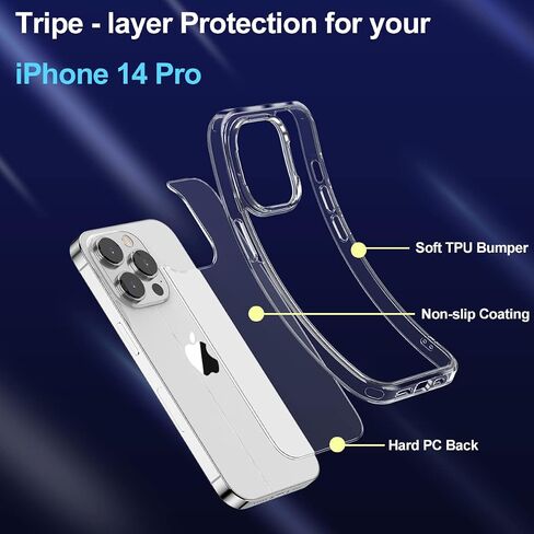 5-in-1 for iPhone 14 Pro Case Clear with Screen Protector, 2X Tempered Glass Screen + 2X Camera Protector, Shockproof [Military Grade Protection] Slim Soft TPU Phone Case for iPhone 14 Pro in Saudi Arabia
