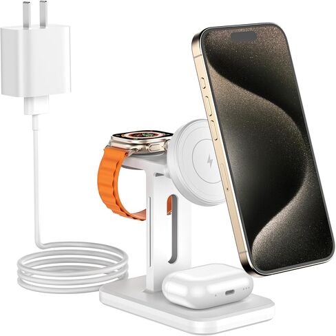 3 in 1 Fast Wireless Charging Station for Magsafe Apple Devices, Aluminum Alloy Charger Station with Adapter, Magnetic Charging Stand for iPhone 16/15/Pro/ProMax/14/13/12, Apple Watch & AirPods, White in Saudi Arabia