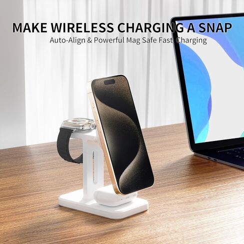 3 in 1 Fast Wireless Charging Station for Magsafe Apple Devices, Aluminum Alloy Charger Station with Adapter, Magnetic Charging Stand for iPhone 16/15/Pro/ProMax/14/13/12, Apple Watch & AirPods, White in Saudi Arabia