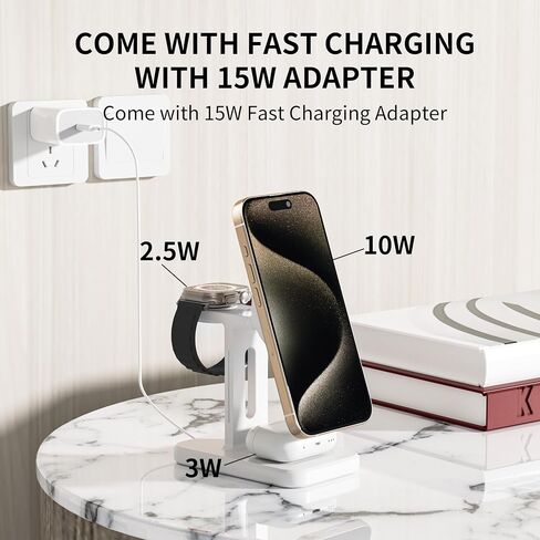 3 in 1 Fast Wireless Charging Station for Magsafe Apple Devices, Aluminum Alloy Charger Station with Adapter, Magnetic Charging Stand for iPhone 16/15/Pro/ProMax/14/13/12, Apple Watch & AirPods, White in Saudi Arabia