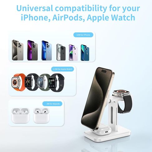 3 in 1 Fast Wireless Charging Station for Magsafe Apple Devices, Aluminum Alloy Charger Station with Adapter, Magnetic Charging Stand for iPhone 16/15/Pro/ProMax/14/13/12, Apple Watch & AirPods, White in Saudi Arabia