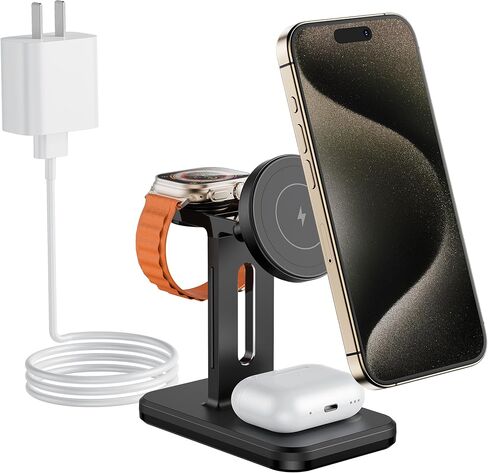 3 in 1 Fast Wireless Charging Station for Magsafe Apple Devices, Aluminum Alloy Charger Station with Adapter, Magnetic Charging Stand for iPhone 16/15/Pro/ProMax/14/13/12, Apple Watch & AirPods, White in Saudi Arabia
