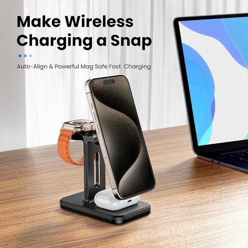 3 in 1 Fast Wireless Charging Station for Magsafe Apple Devices, Aluminum Alloy Charger Station with Adapter, Magnetic Charging Stand for iPhone 16/15/Pro/ProMax/14/13/12, Apple Watch & AirPods, White in Saudi Arabia