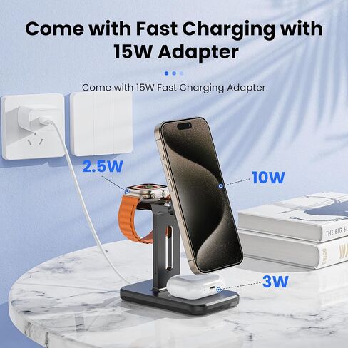 3 in 1 Fast Wireless Charging Station for Magsafe Apple Devices, Aluminum Alloy Charger Station with Adapter, Magnetic Charging Stand for iPhone 16/15/Pro/ProMax/14/13/12, Apple Watch & AirPods, White in Saudi Arabia