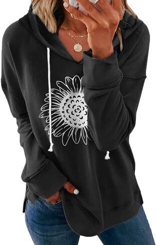 سترة نسائية بغطاء للرأس برسومات عباد الشمس وأكمام طويلة، بلوفر برباط، سترة فضفاضة مناسبة in Kuwait