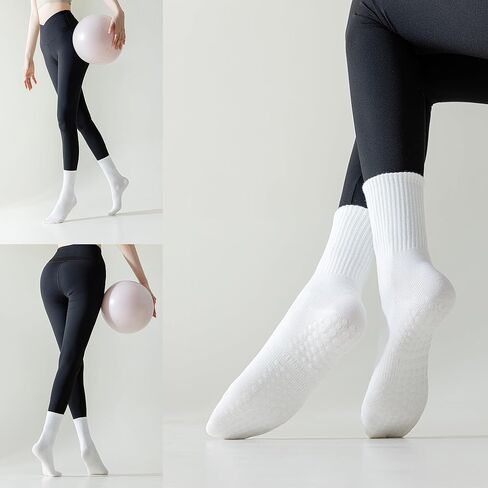 Ivyhouse Pilates Yoga Socks with Grips for Women - Crew Length Ballet Barre Socks - Sticky Workout Hospital Socks, Black, White, Dark Gray in Kuwait