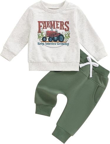 Kayotuas Toddler Baby Boy Farm Clothes Fall Outfits Tractor Print Long Sleeve Sweatshirt Tops and Pants 2 Piece Clothing Set in Saudi Arabia