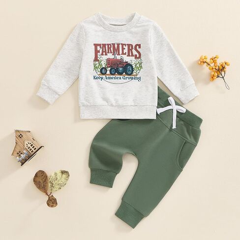 Kayotuas Toddler Baby Boy Farm Clothes Fall Outfits Tractor Print Long Sleeve Sweatshirt Tops and Pants 2 Piece Clothing Set in Saudi Arabia