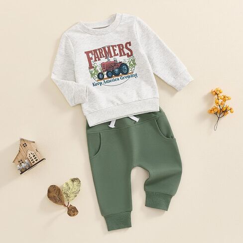 Kayotuas Toddler Baby Boy Farm Clothes Fall Outfits Tractor Print Long Sleeve Sweatshirt Tops and Pants 2 Piece Clothing Set in Saudi Arabia