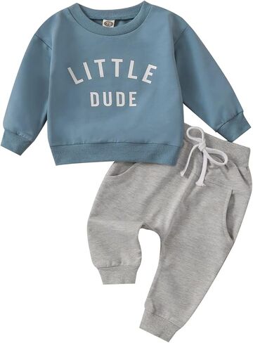 Toddler Newborn Baby Boy Outfit Long Sleeve Little Dude Print Sweatshirt Top Long Pants Infant Fall Winter 2PCS in Saudi Arabia