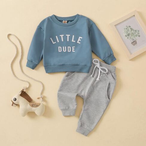 Toddler Newborn Baby Boy Outfit Long Sleeve Little Dude Print Sweatshirt Top Long Pants Infant Fall Winter 2PCS in Saudi Arabia