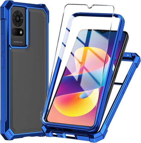 for TCL K24 Phone Case T434D + Tempered Glass Screen Protector,Electroplated PC Front Frame Soft TPU Transparent Back Cover,Lmpact Airbags Protective Case Cover for TCL K24 (Blue) in Saudi Arabia