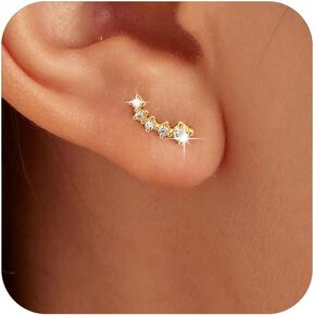 IPEPPY 14K Gold Plated Moon Crawler Earrings Dainty 925 Sterling Silver Small Cartilage CZ Stud Earring for Women Hypoallergenic Climber Earrings Jewelry Mother's Day Birthday Gifts