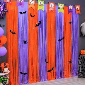 Mega-L Halloween Party Decorations, 2 Packs Orange Purple Photo Booth Props, 3.3 x 6.6 ft Halloween Foil Fringe Curtains with Bats, Photo Backdrop Streamers Halloween Party Supplies