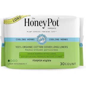 The Honey Pot Company - Long Contoured Liners - Infused w/Essential Oils for Cooling Effect, Organic Cotton Cover, and Ultra-Absorbent Pulp Core - Feminine Care - 30 Count