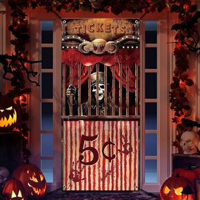 Preboun Halloween Evil Circus Door Cover, Halloween Door Decorations Bloody Creepy Carnival Banner Evil Circus Entrance Theme Door Cover Halloween Backdrop for Halloween Party Decorations, 71 x 35''
