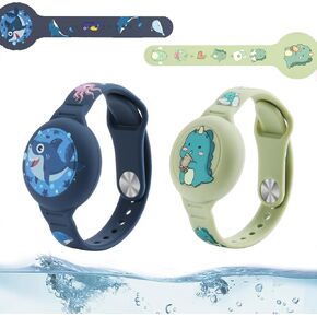 Waterproof Air tag Bracelets for Kids (2 Pack) - Soft Silicone Hidden Air tag Wristband - Lightweight GPS Tracker Holder for Apple Airtag Watch Band for Child (Green & Blue)