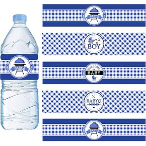 24PCS BBQ Baby Shower Water Bottle Labels, Barbecue Baby Shower Waterproof Self Adhesive Water Bottle Labels for Cookout BBQ Babyq Shower Decorations Boy Blue