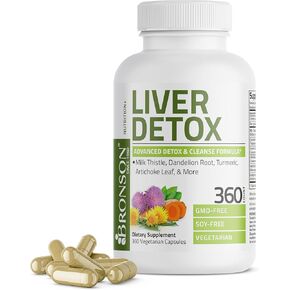 Bronson Liver Detox Advanced Detox & Cleansing Formula Supports Health Liver Function with Milk Thistle, Dandelion Root, Turmeric, Artichoke Leaf & More, Non-GMO, 360 Vegetarian Capsules