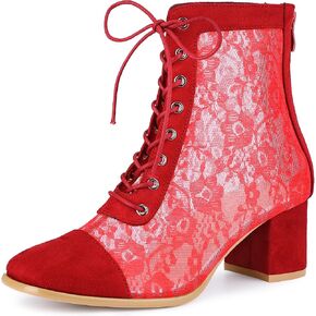 Perphy Square Toe Lace Up Flowers Lace Block Heels Ankle Boots for Women