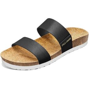 PIZZ ANNU Women's Slide Sandals Open Toe Two Strap Flat Sandals With Comfort Cork Footbed Slip-On Casual Summer Shoes