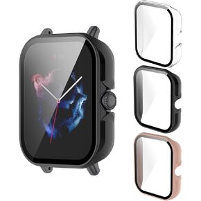 3Pack - Compatible with Amazfit GTS3 Smart Watch Case Built in Tempered Glass Screen Protector Shockproof Hard Electroplate PC Bumper Case Watch Accessories, with Screen Tempered Film